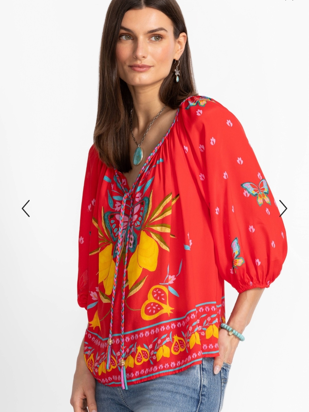 Women’s Red Floral & Butterfly Peasant Top
